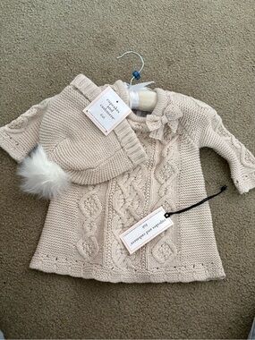 Girls Cream Cable Knit Jacket with Pom Hat